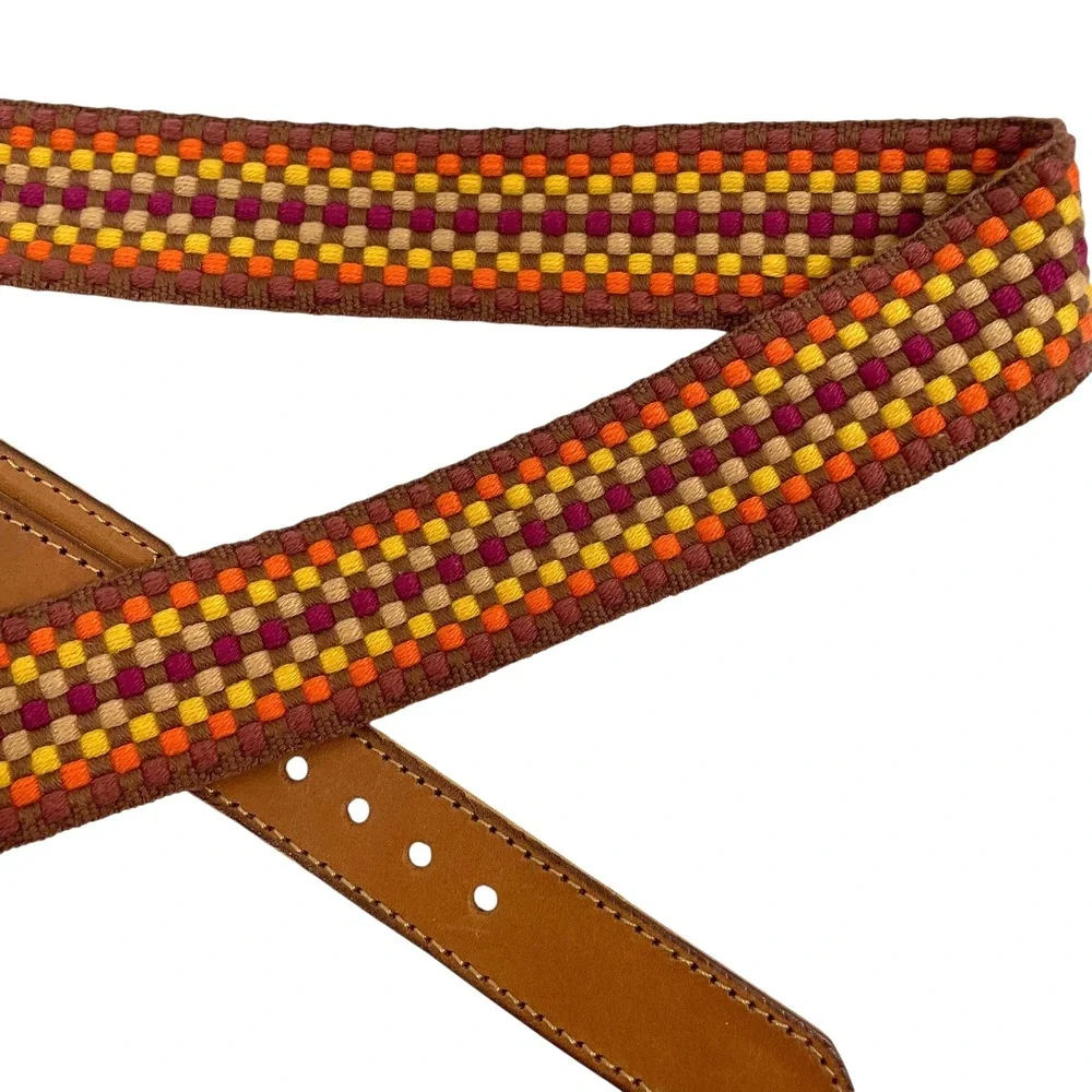 Fossil check plaid woven leather belt Size‎ M boho artsy festival western